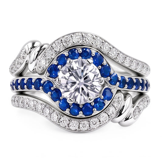 Set Di Anelli Con Diamanti. 3.50 Carati. Zaffiro Blu. Gioielli Da Donna