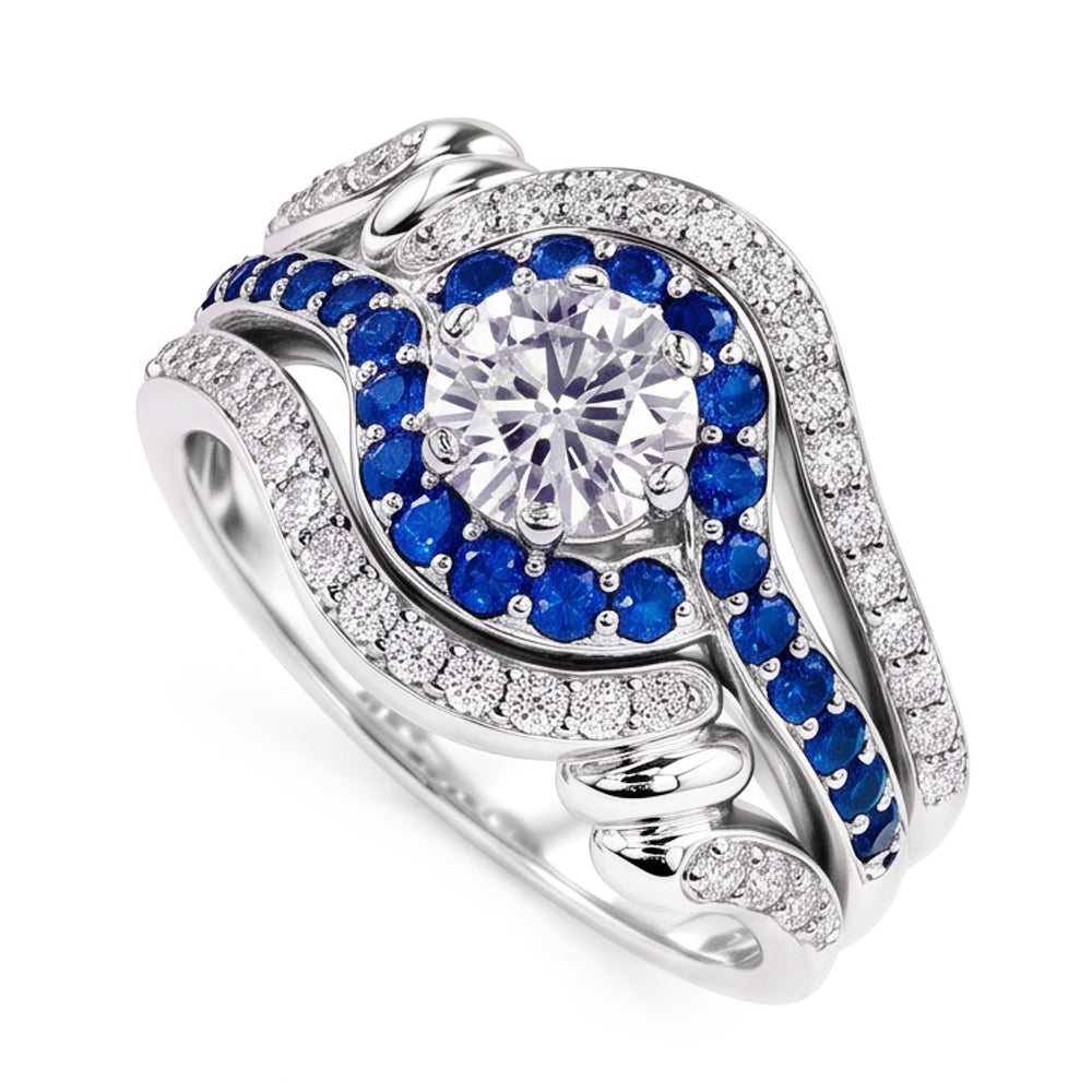Set Di Anelli Con Diamanti. 3.50 Carati. Zaffiro Blu. Gioielli Da Donna