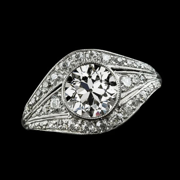 Set Di Castoni Con Anello Rotondo Con Vero Diamanti Taglio Vecchio Miniera. Oro 14K 4.50 Carati