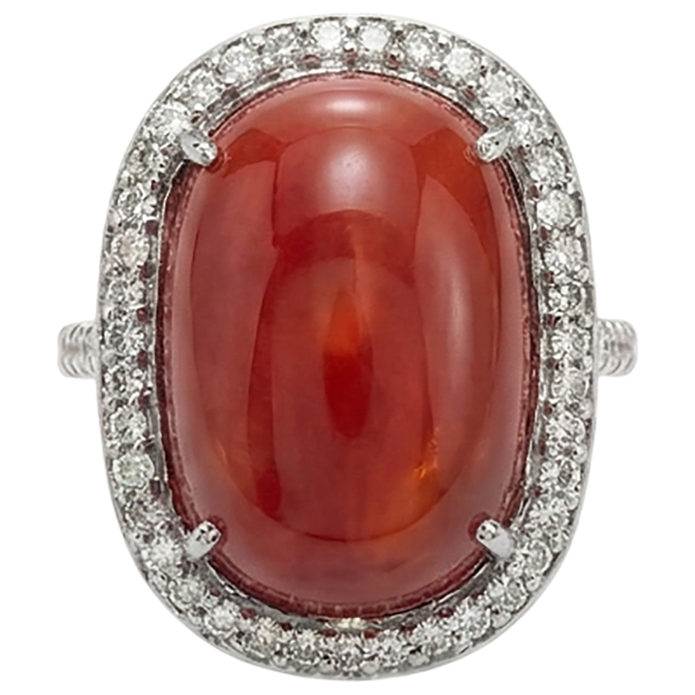 Set di 14 carati in corallo rosso ovale con anello rotondo con diamanti