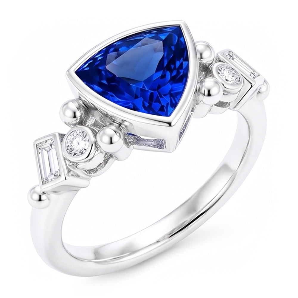 Set di castoni con pietre preziose Trilioni Anello con zaffiro blu 2 carati Diamanti Naturali Autentici ( non creati in laboratorio ) baguette