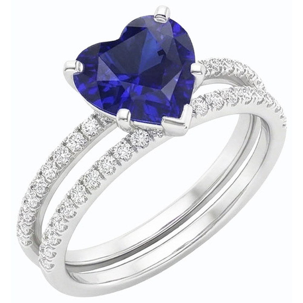 Set di fedi nuziali con diamanti e zaffiri blu con cuore di diamanti. gioielli da 3.50 carati