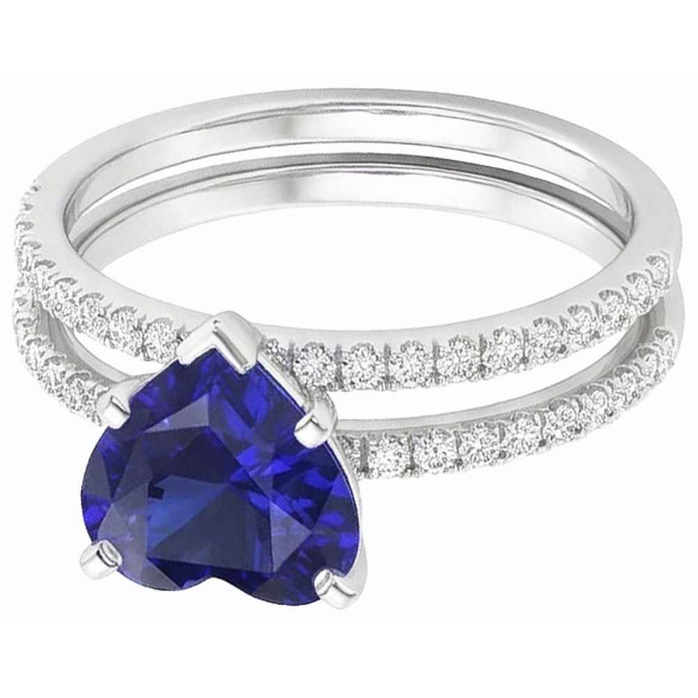 Set di fedi nuziali con diamanti e zaffiri blu con cuore di diamanti. gioielli da 3.50 carati
