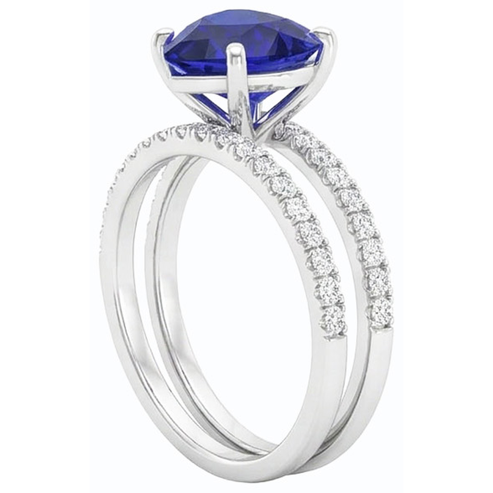 Set di fedi nuziali con diamanti e zaffiri blu con cuore di diamanti. gioielli da 3.50 carati