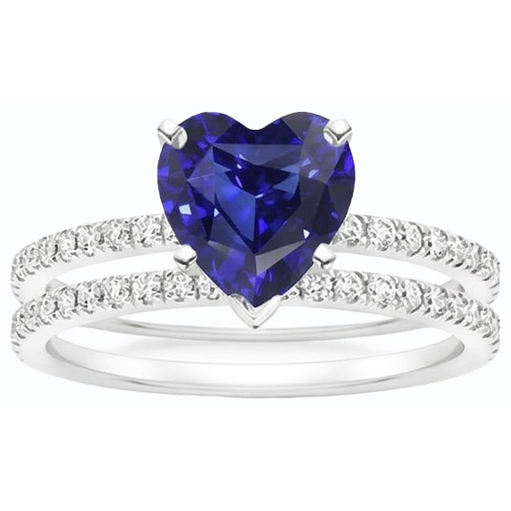 Set di fedi nuziali con diamanti e zaffiri blu con cuore di diamanti. gioielli da 3.50 carati