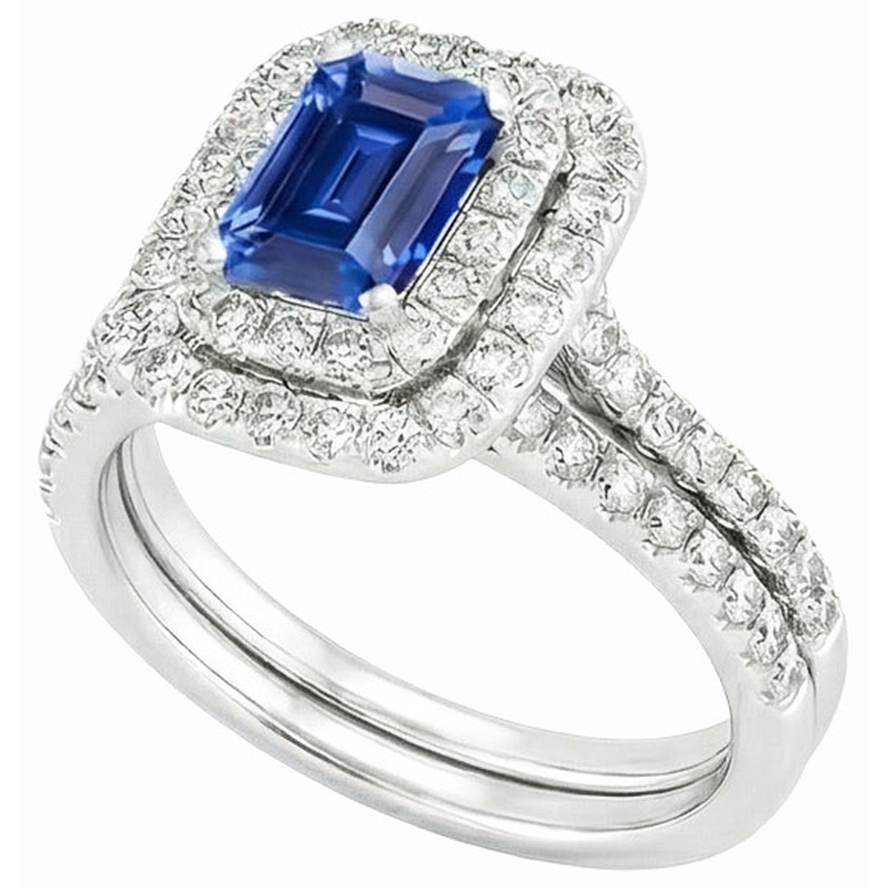 Set di fedi nuziali con doppio anello di diamanti e zaffiro blu smeraldo 5 carati