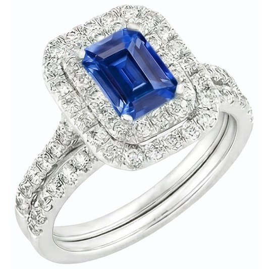 Set di fedi nuziali con doppio anello di diamanti e zaffiro blu smeraldo 5 carati