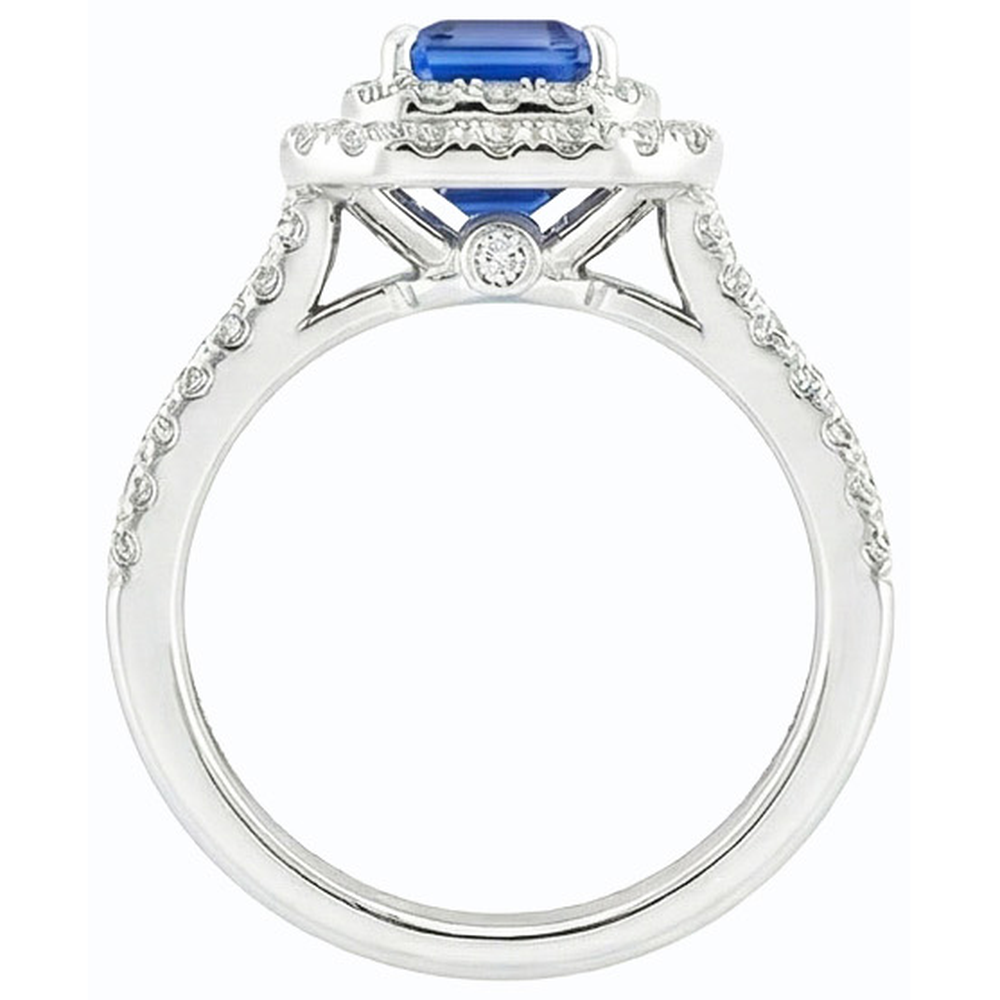 Set di fedi nuziali con doppio anello di diamanti e zaffiro blu smeraldo 5 carati