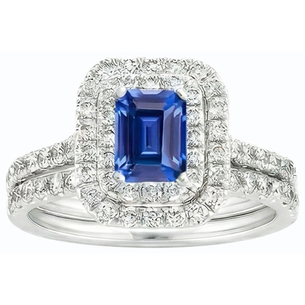 Set di fedi nuziali con doppio anello di diamanti e zaffiro blu smeraldo 5 carati