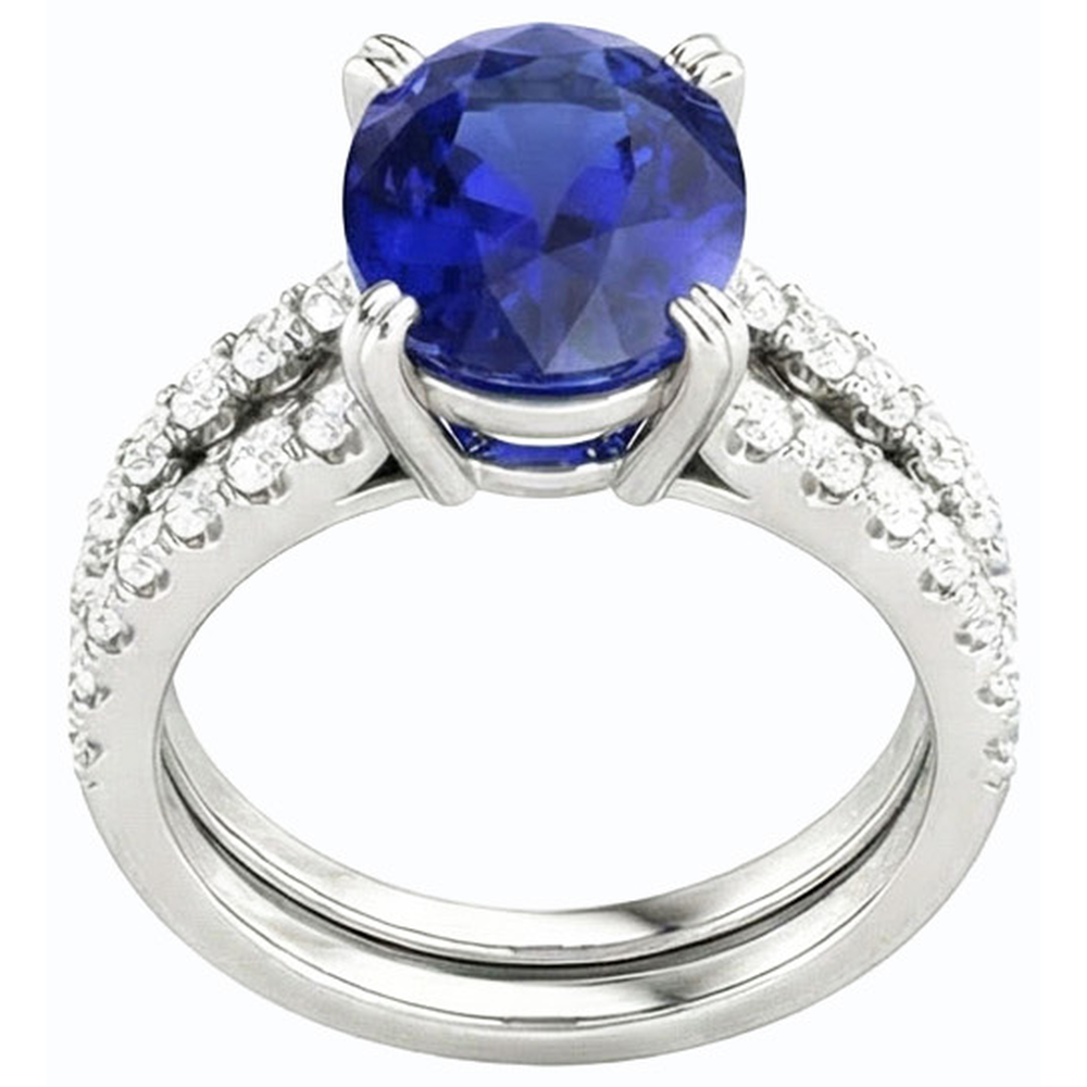 Set di fedi nuziali da donna in oro con diamanti e zaffiro blu ovale. 4.50 carati