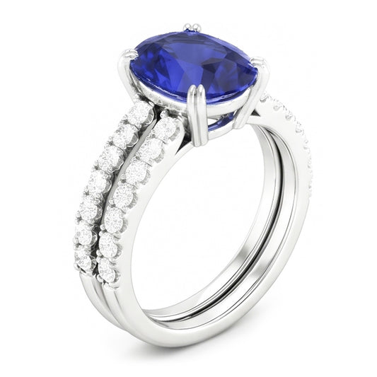Set di fedi nuziali da donna in oro con diamanti e zaffiro blu ovale. 4.50 carati