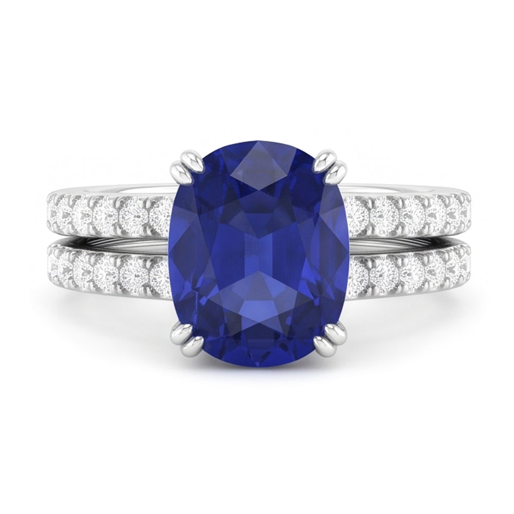 Set di fedi nuziali da donna in oro con diamanti e zaffiro blu ovale. 4.50 carati