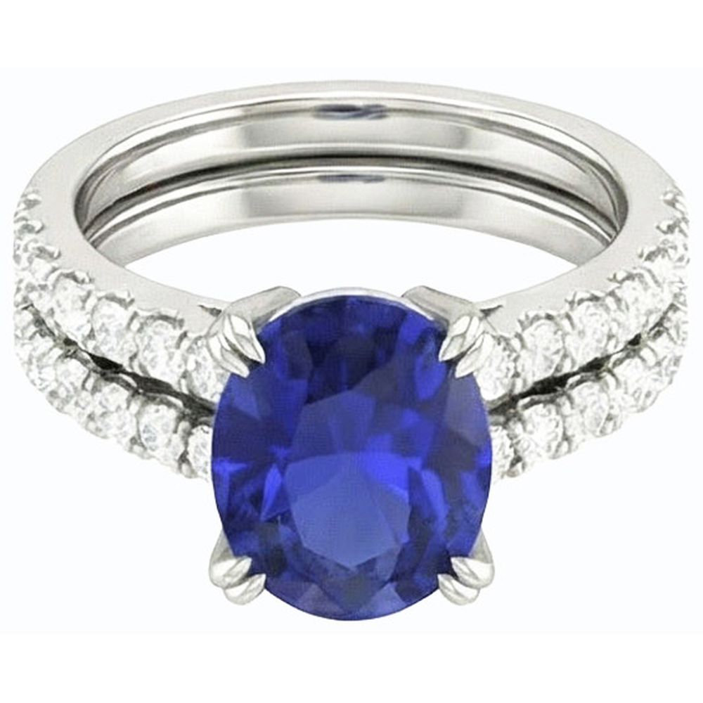 Set di fedi nuziali da donna in oro con diamanti e zaffiro blu ovale. 4.50 carati