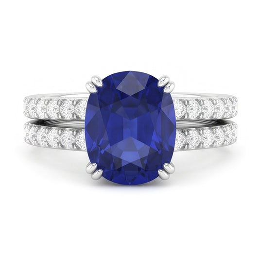 Set di fedi nuziali da donna in oro con diamanti e zaffiro blu ovale. 4.50 carati