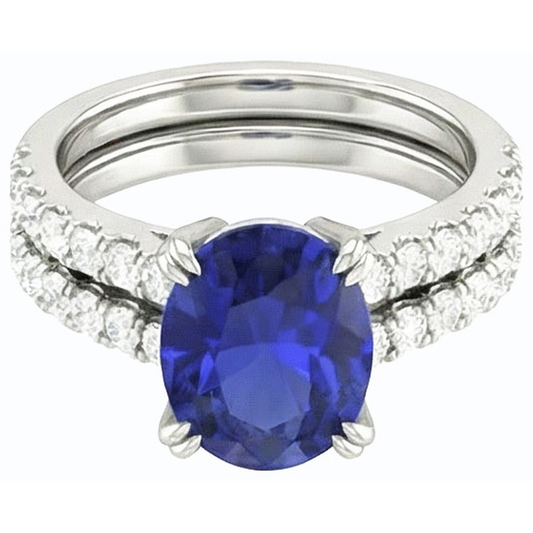 Set di fedi nuziali da donna in oro con diamanti e zaffiro blu ovale. 4.50 carati