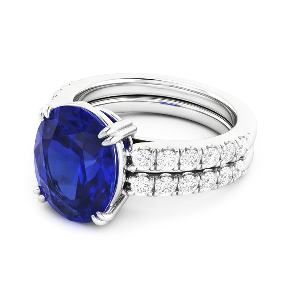 Set di fedi nuziali da donna in oro con diamanti e zaffiro blu ovale. 4.50 carati