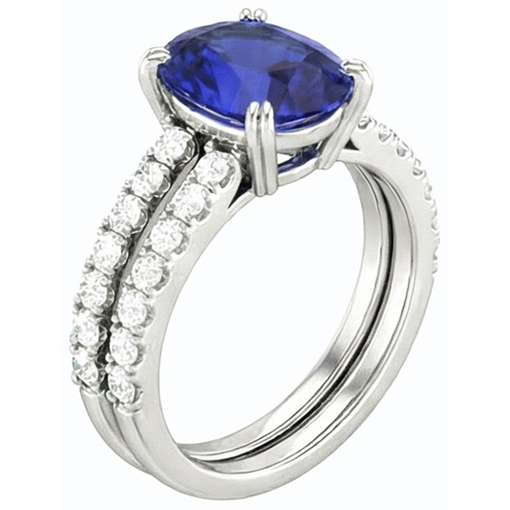 Set di fedi nuziali da donna in oro con diamanti e zaffiro blu ovale. 4.50 carati
