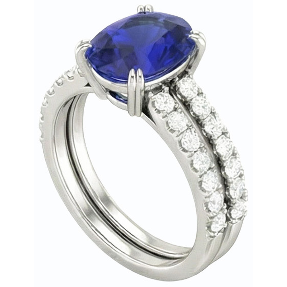 Set di fedi nuziali da donna in oro con diamanti e zaffiro blu ovale. 4.50 carati