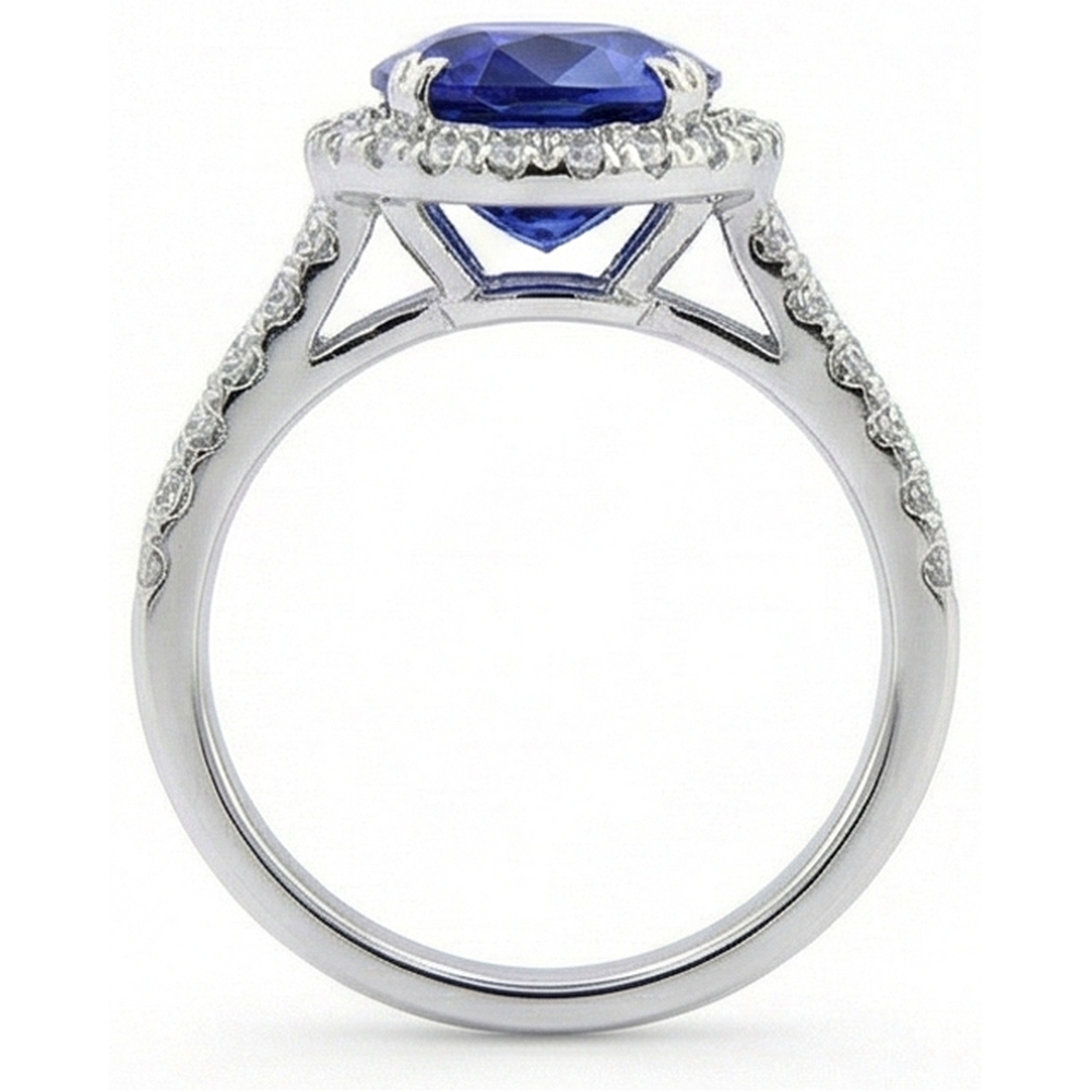 Set di fedi nuziali ovali con zaffiro aureola. pavé con gambo diviso. oro 5 carati