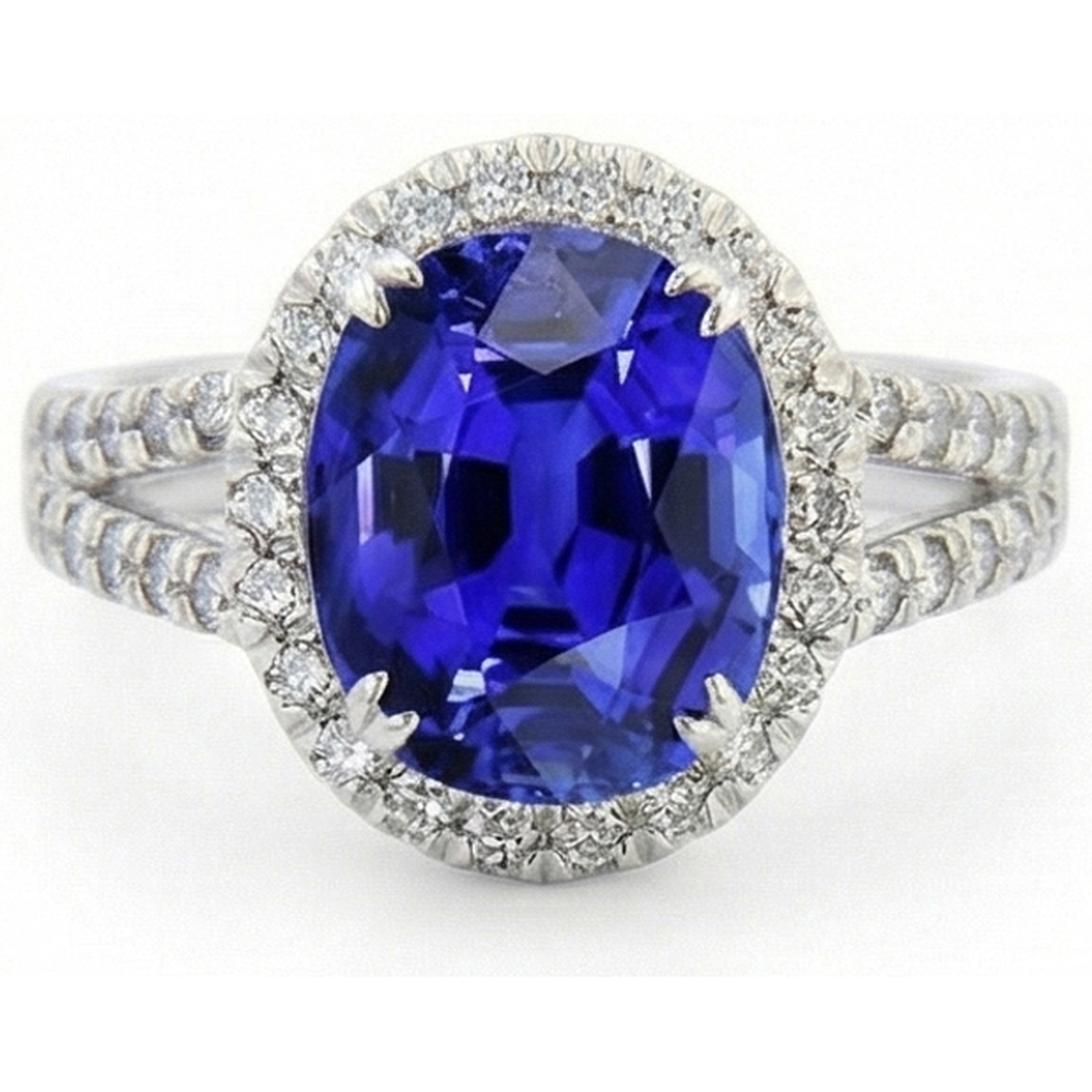 Set di fedi nuziali ovali con zaffiro aureola. pavé con gambo diviso. oro 5 carati