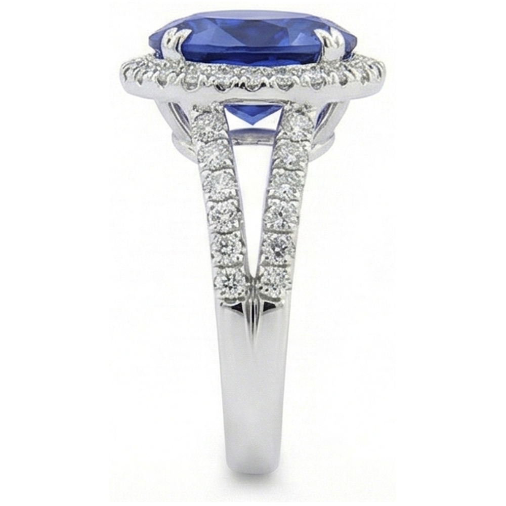 Set di fedi nuziali ovali con zaffiro aureola. pavé con gambo diviso. oro 5 carati