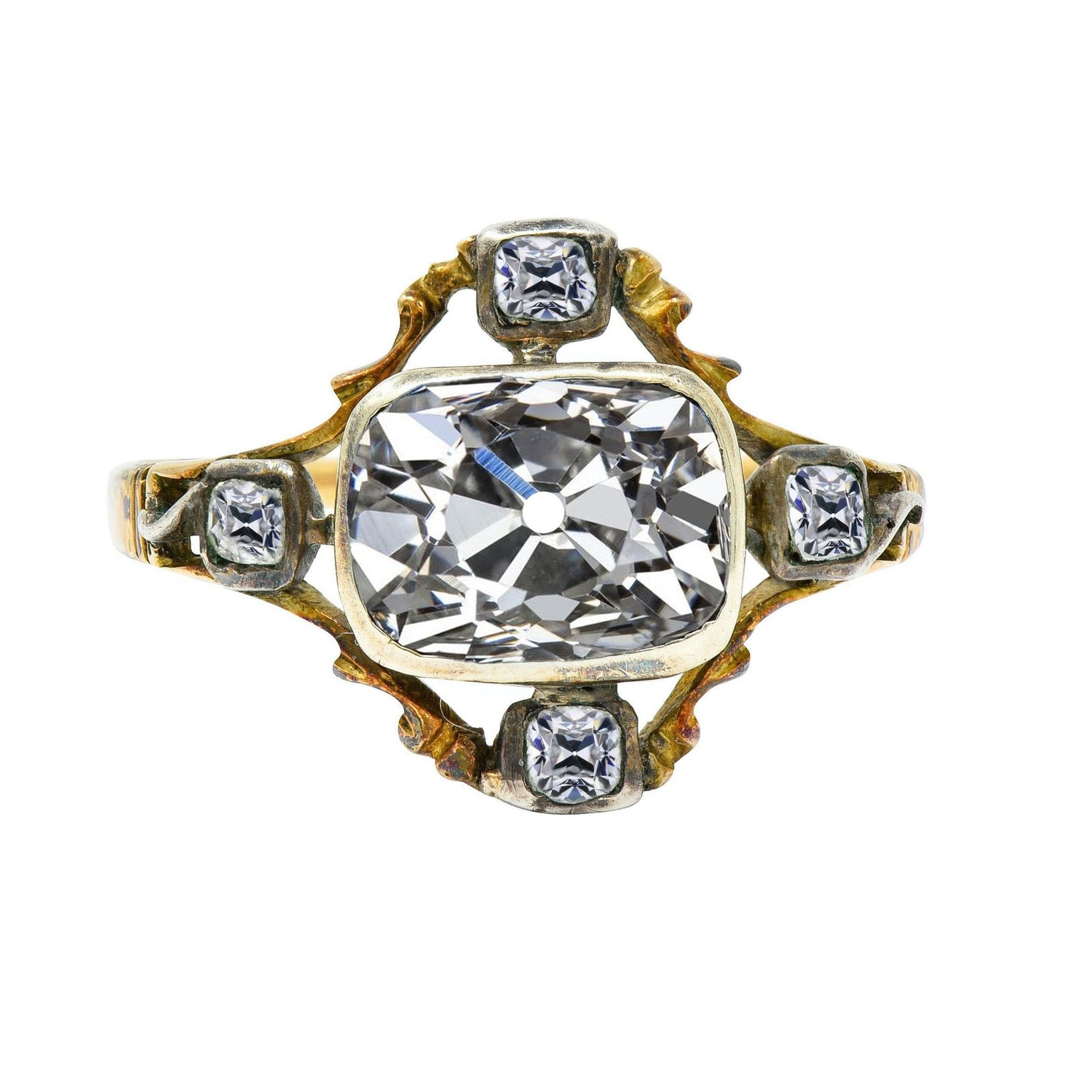 Set Di Castoni Per Anello Di Genuino Diamanti Taglio Antico Con Cuscino Bicolore Halo 6 Carati