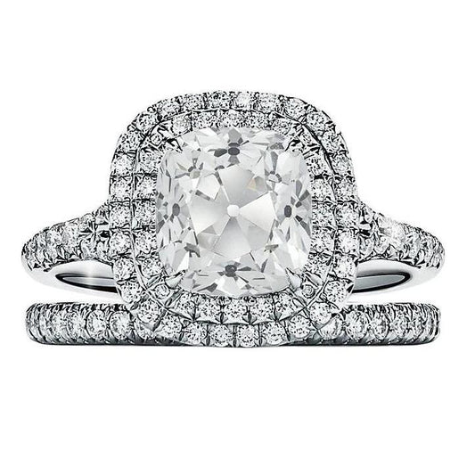 Set Di Fedi Nuziali Con Doppio Alone Set Di Pavé Di Vero Diamanti Vecchio Minatore 3.75 Carati