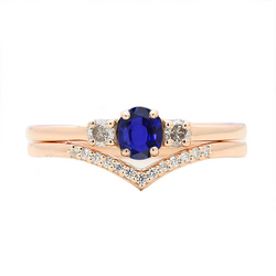 Set di Fedi Nuziali 3 Pietre Zaffiro Blu E Fascia Di Diamante