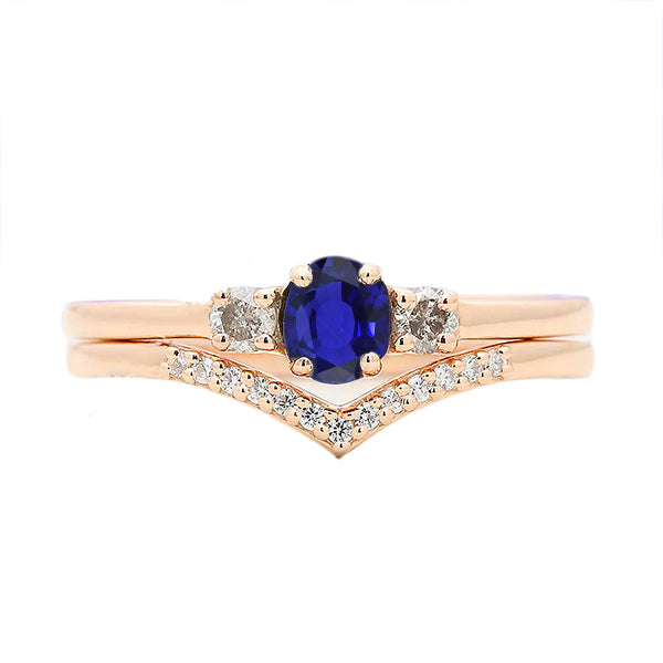 Set di Fedi Nuziali 3 Pietre Zaffiro Blu E Fascia Di Diamante