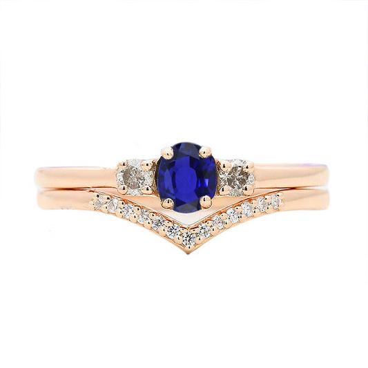 Set di Fedi Nuziali 3 Pietre Zaffiro Blu E Fascia Di Diamante