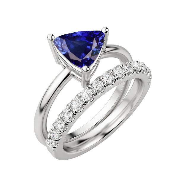 Set di Fedi Nuziali Con Diamanti Trilioni di Zaffiri Blu Oro 14K