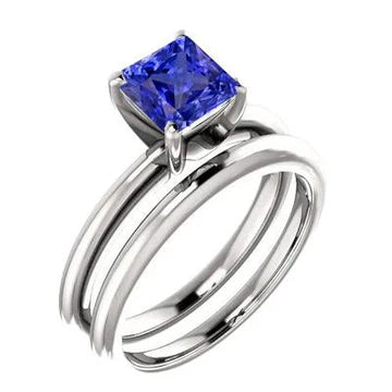Set di anelli di fidanzamento solitario con zaffiro blu principessa da 1 carati e oro bianco da 14K