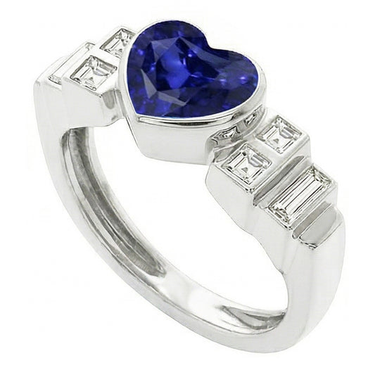 Set di castoni per anello con zaffiro blu a cuore con diamanti baguette da donna. 2.50 carati
