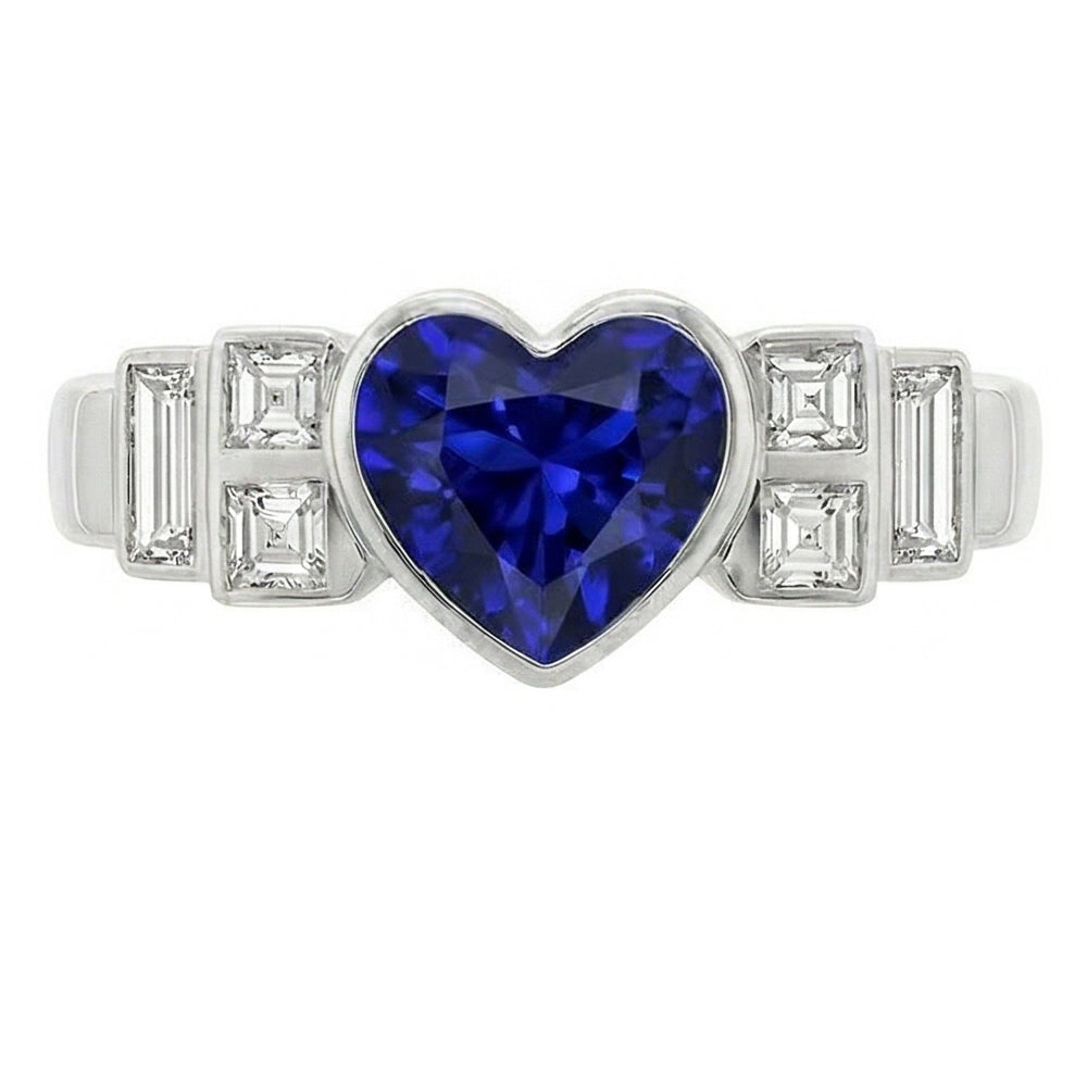 Set di castoni per anello con zaffiro blu a cuore con diamanti baguette da donna. 2.50 carati