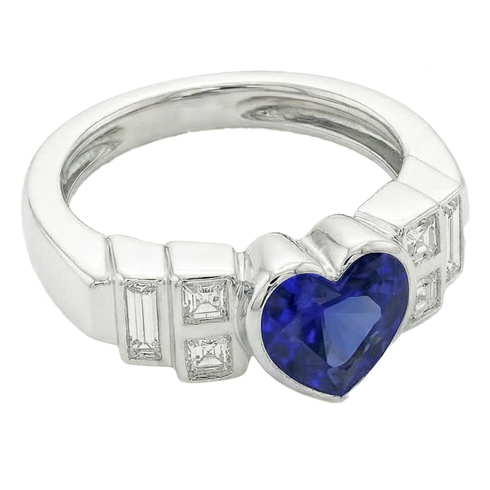 Set di castoni per anello con zaffiro blu a cuore con diamanti baguette da donna. 2.50 carati