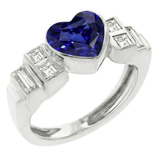 Set di castoni per anello con zaffiro blu a cuore con diamanti baguette da donna. 2.50 carati