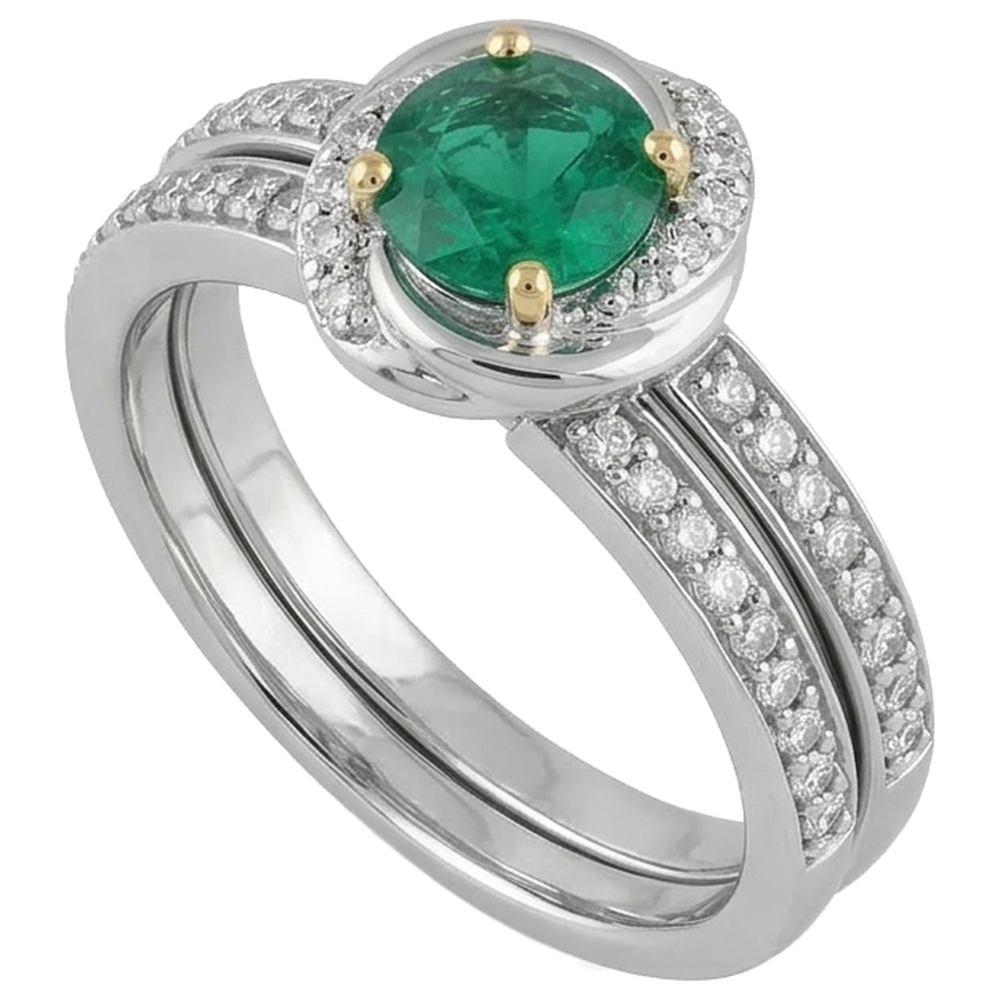 Anello Nuziale Oro 14 Carati Bicolore con Smeraldo Colombiano – vista laterale