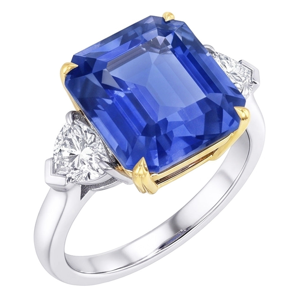 Smeraldo 3 pietra diamante anello zaffiro blu 5 carati Two Tone Gold