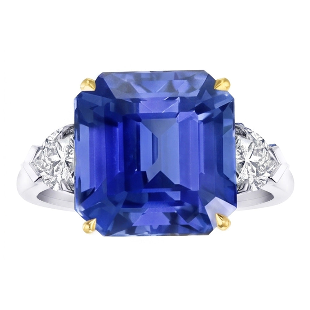 Smeraldo 3 pietra diamante anello zaffiro blu 5 carati Two Tone Gold