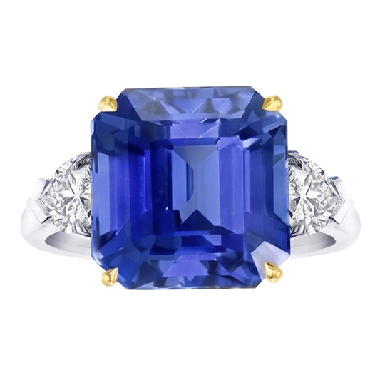 Smeraldo 3 pietra diamante anello zaffiro blu 5 carati Two Tone Gold