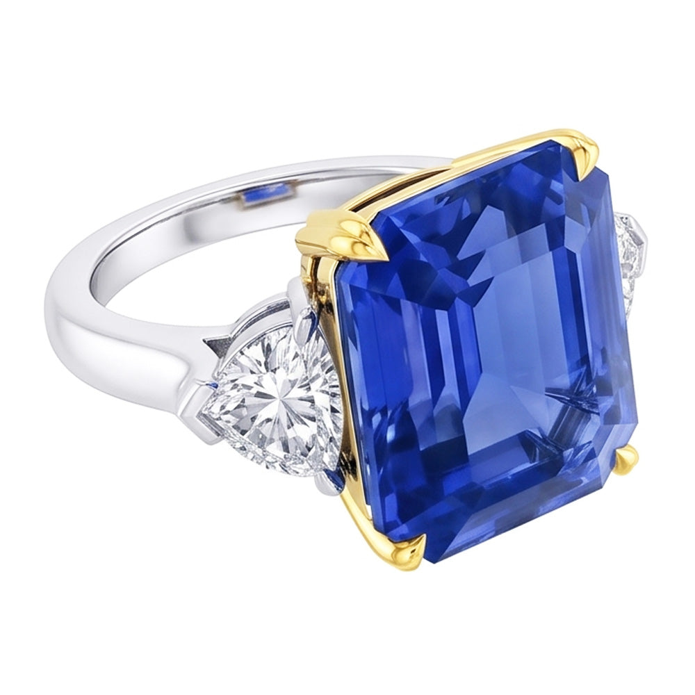 Smeraldo 3 pietra diamante anello zaffiro blu 5 carati Two Tone Gold