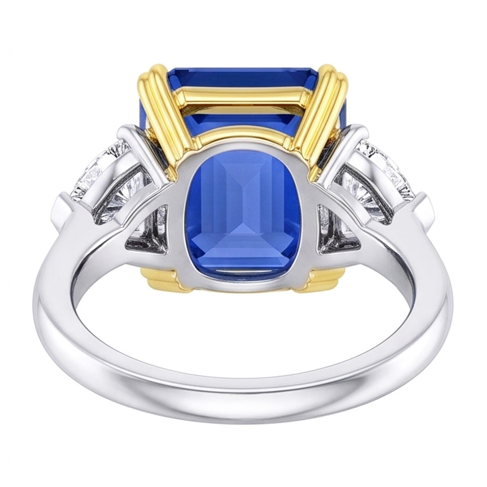 Smeraldo 3 pietra diamante anello zaffiro blu 5 carati Two Tone Gold