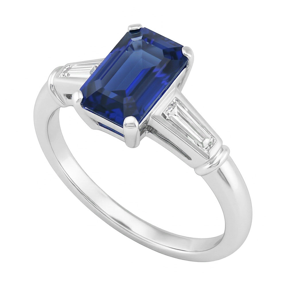 Smeraldo Zaffiro Anello Tre Pietre Piccoli Diamanti Naturali Autentici ( non creati in laboratorio ) Baguette 2.75 Carati