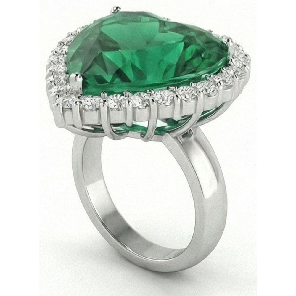 Smeraldo verde a forma di cuore di 13 carati con anello nuziale di diamanti 14K