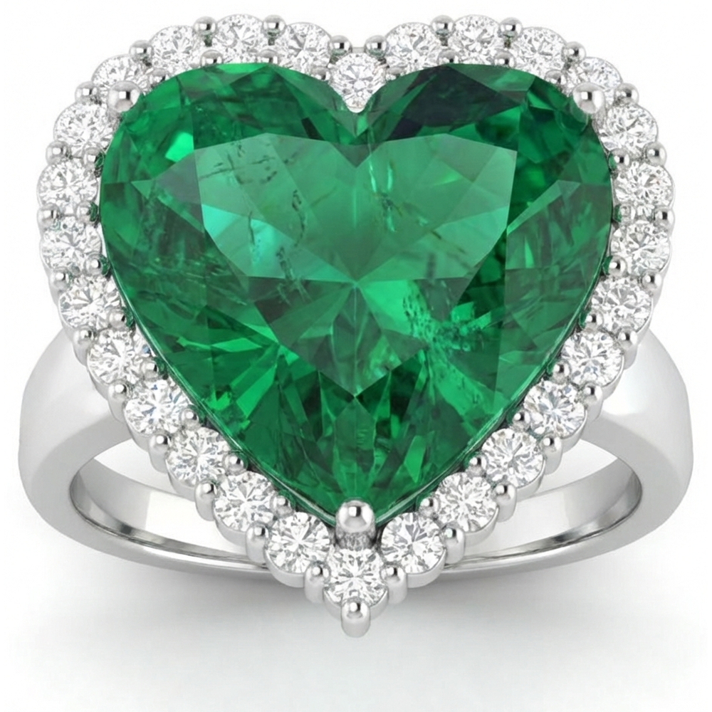 Smeraldo verde a forma di cuore di 13 carati con anello nuziale di diamanti 14K