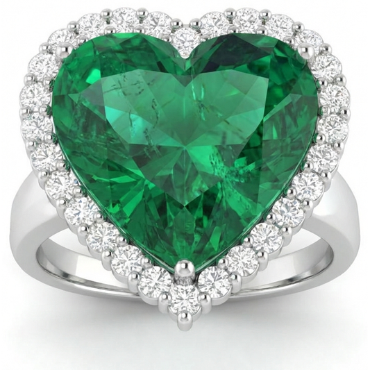 Smeraldo verde a forma di cuore di 13 carati con anello nuziale di diamanti 14K