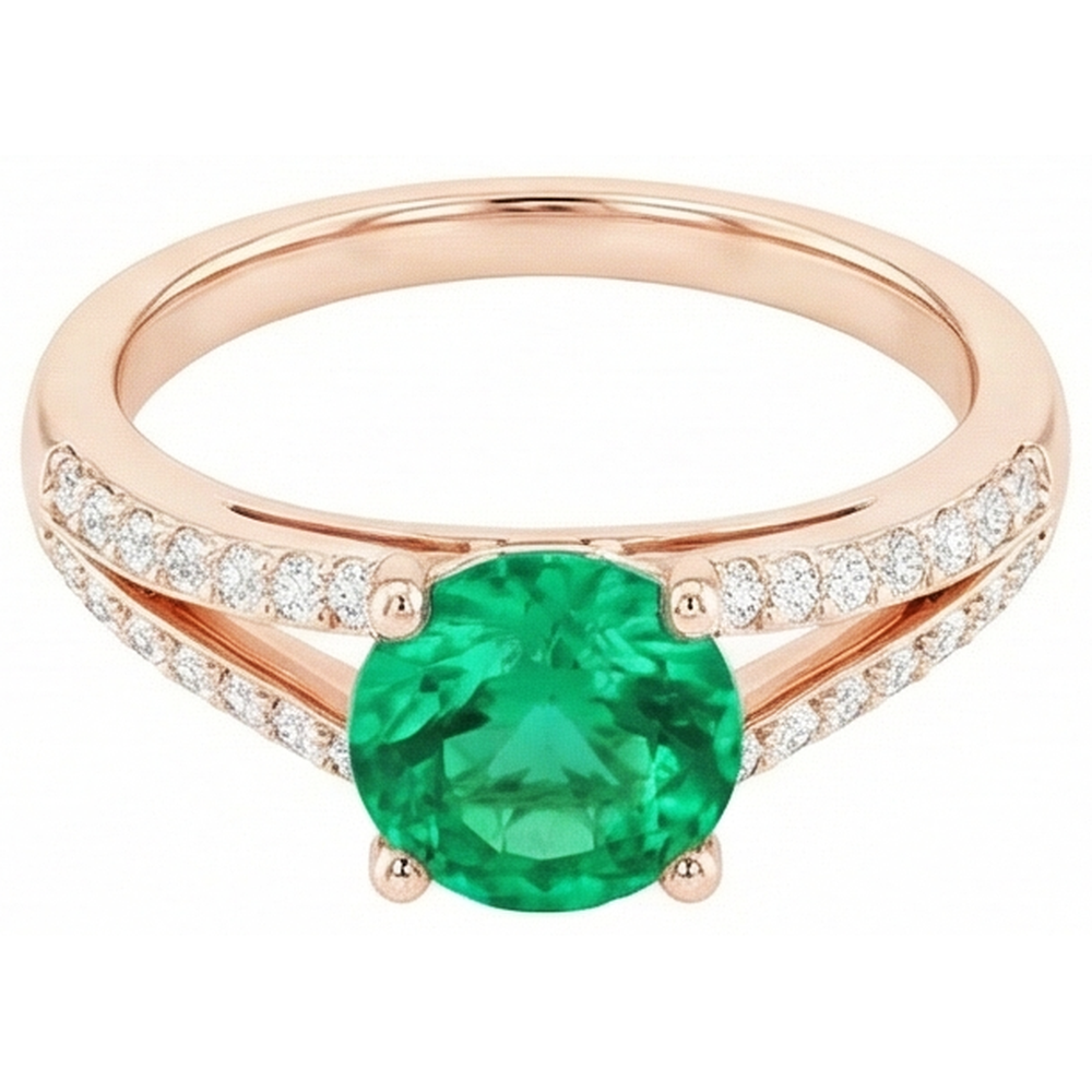 Smeraldo verde a taglio rotondo da 2,85 ct con diamante in oro rosa 14K