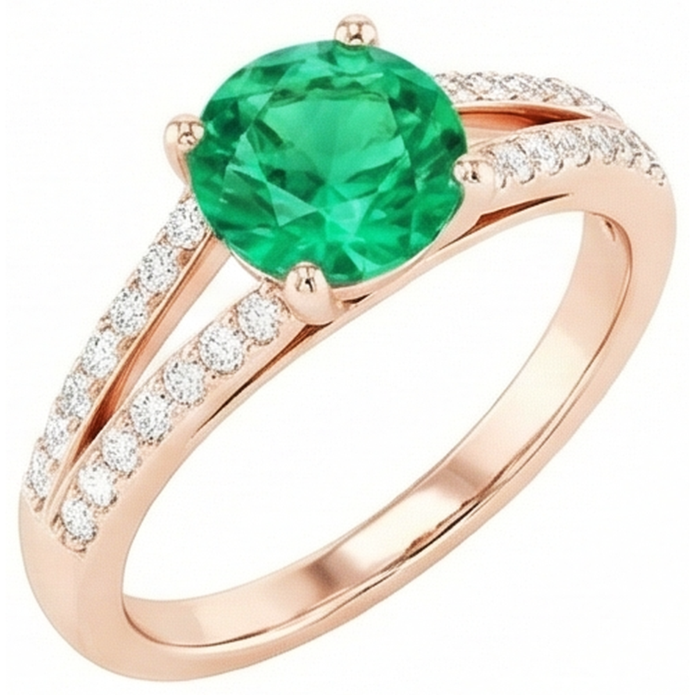 Smeraldo verde a taglio rotondo da 2,85 ct con diamante in oro rosa 14K