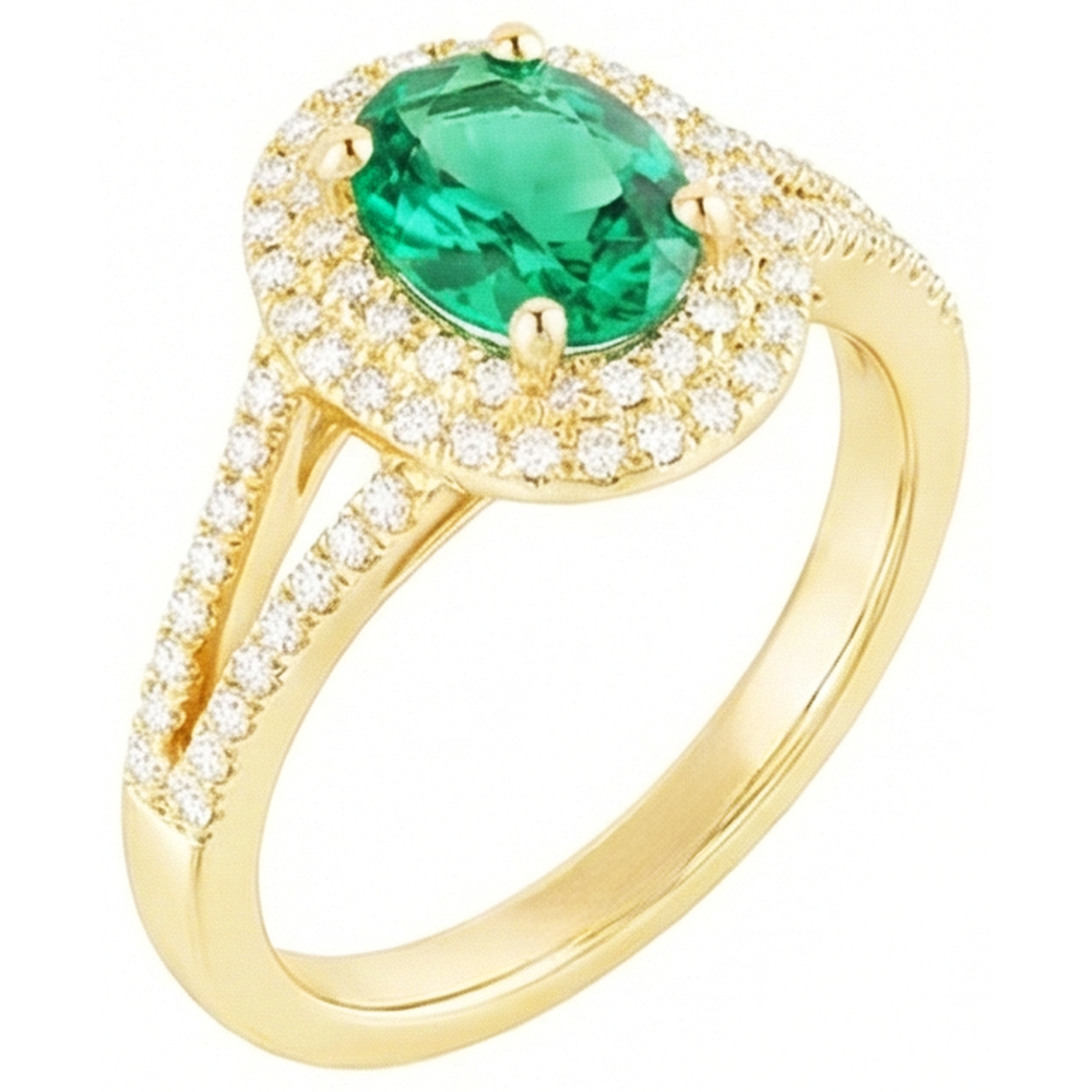 Smeraldo verde di forma ovale in oro 14K con anello di diamanti tondo 6 carati