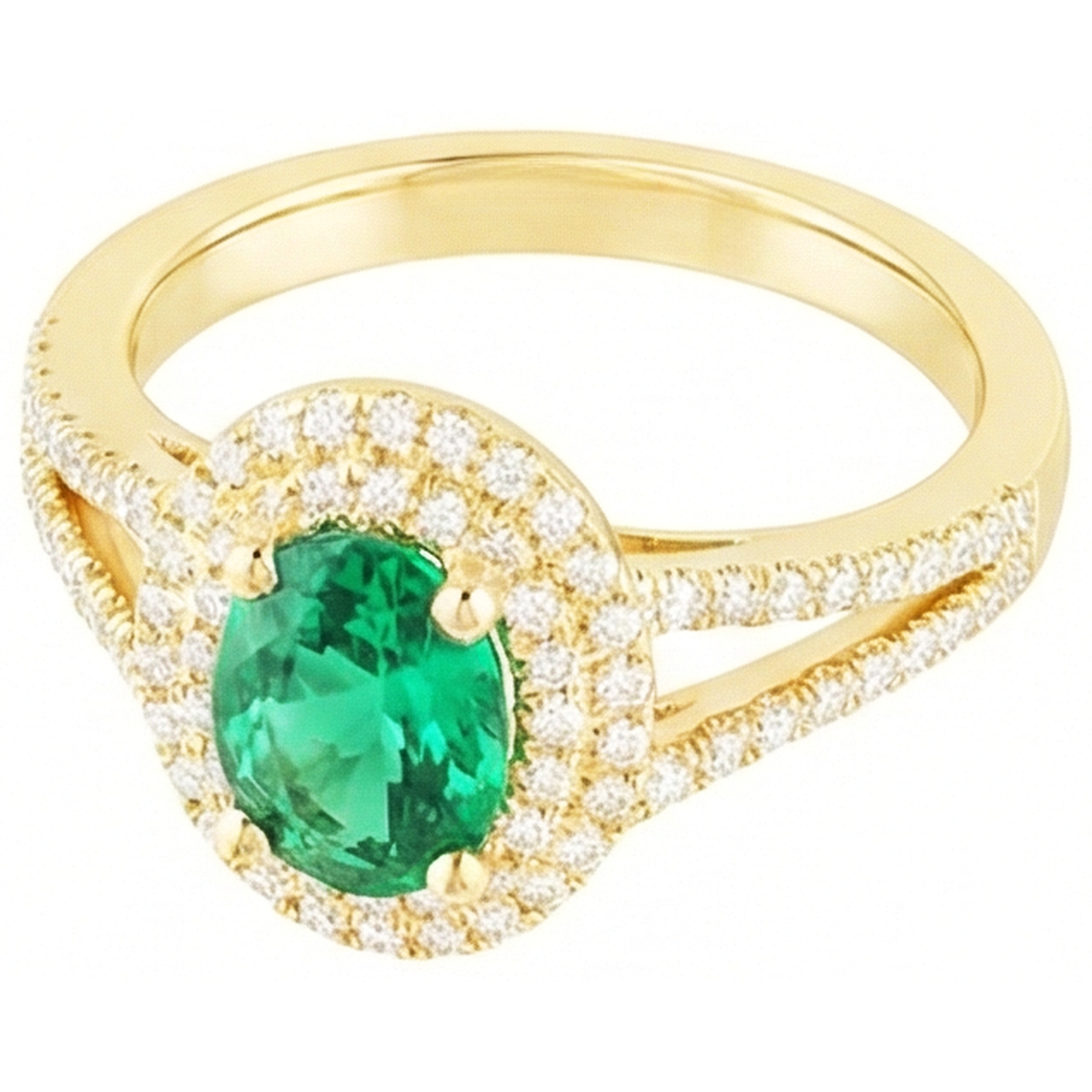 Smeraldo verde di forma ovale in oro 14K con anello di diamanti tondo 6 carati